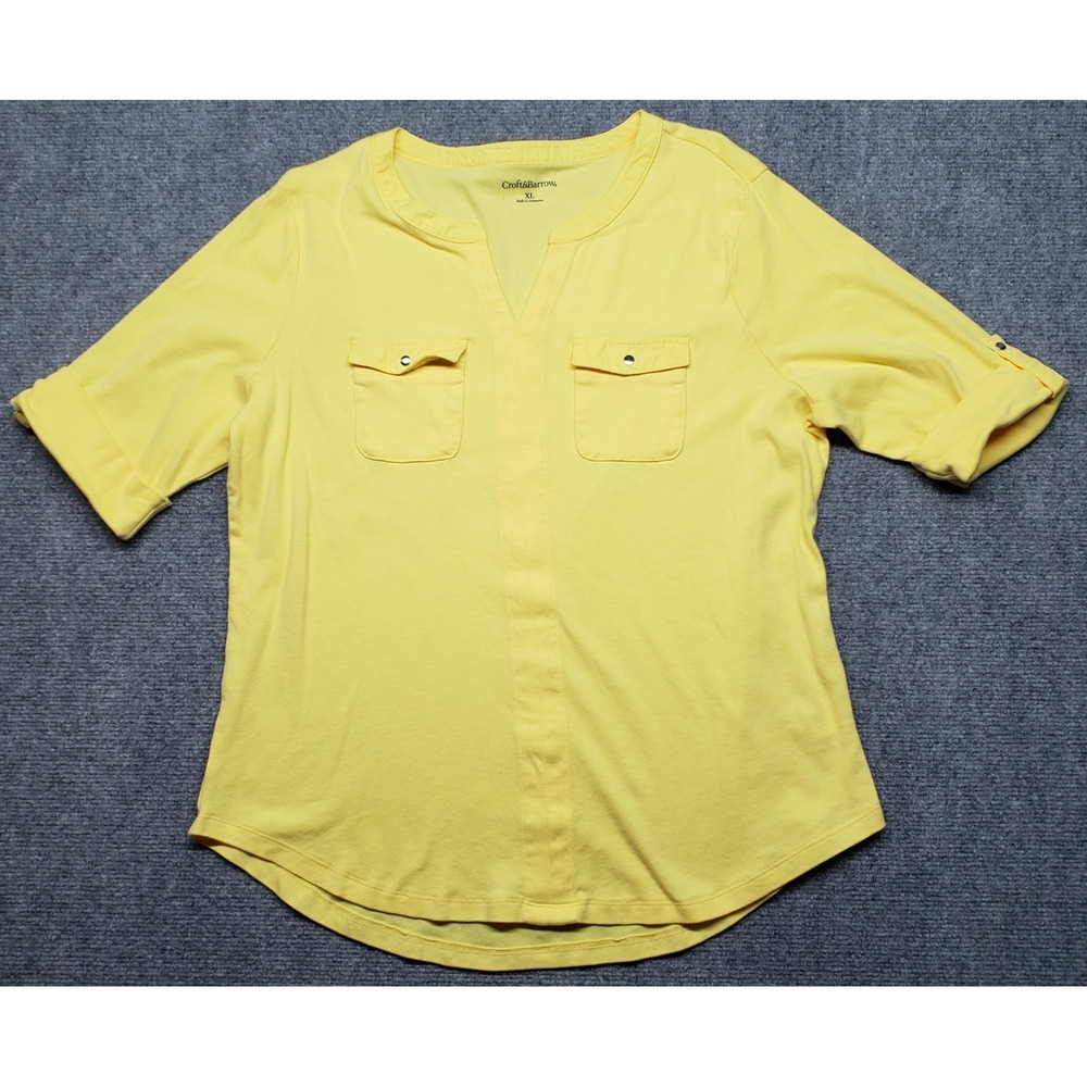 Croft & Barrow Top Womens XL Yellow 3/4 Sleeve V Neck Pockets Casual Cotton